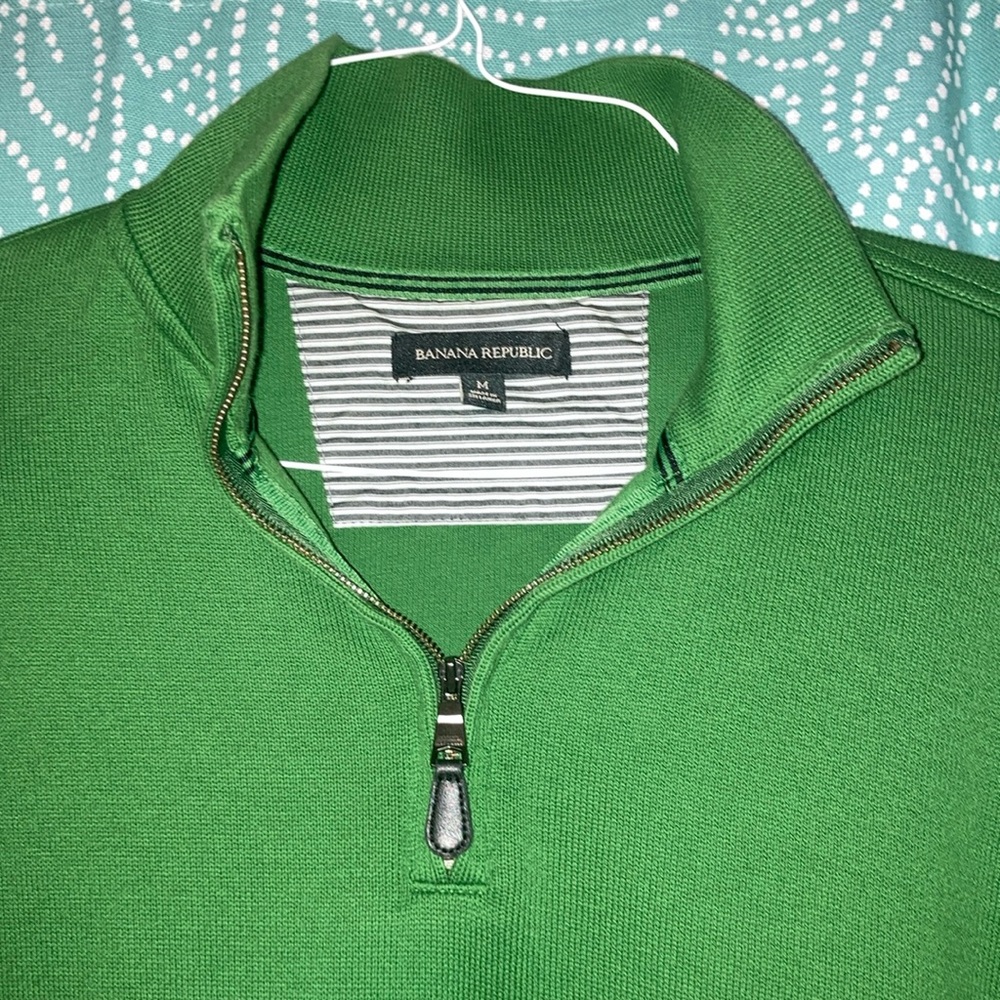 Banana Republic 1/4 Zip cotton Sweater Pullover Men's Medium Green Elbow Patches